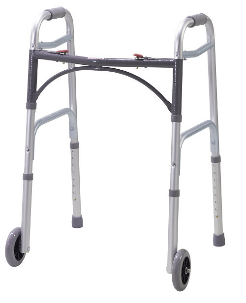 two button folding walker with 5 inch wheels