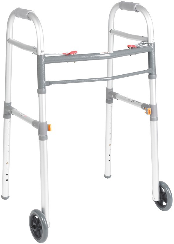 universal two button folding walker with 5 inch wheels