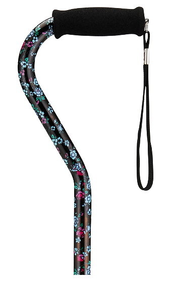 Black with Blue & Pink Flowers Adjustable Offset Handle Cane