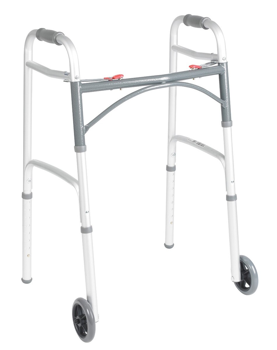 two button folding walker with 5 inch wheels